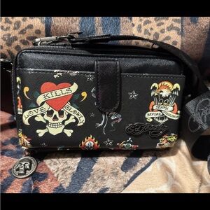Ed Hardy Black Crossbody Bag with Skull and Heart Graphics